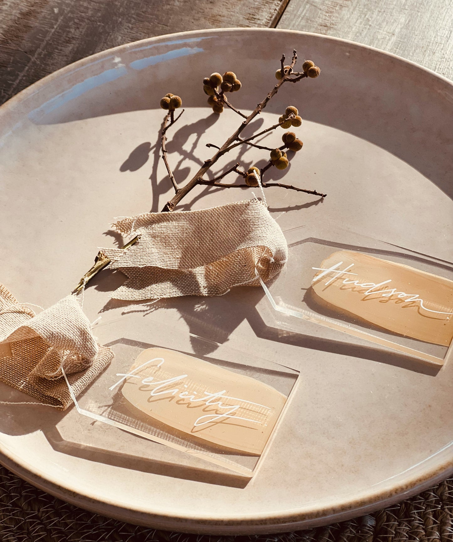 Linen + Acrylic Hand Lettered Tag Place Cards